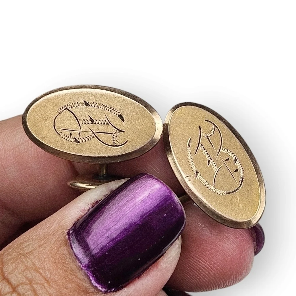 Antique Edwardian Cufflinks G Initial Monogram Gold Fill Oval Bean Back Pebon